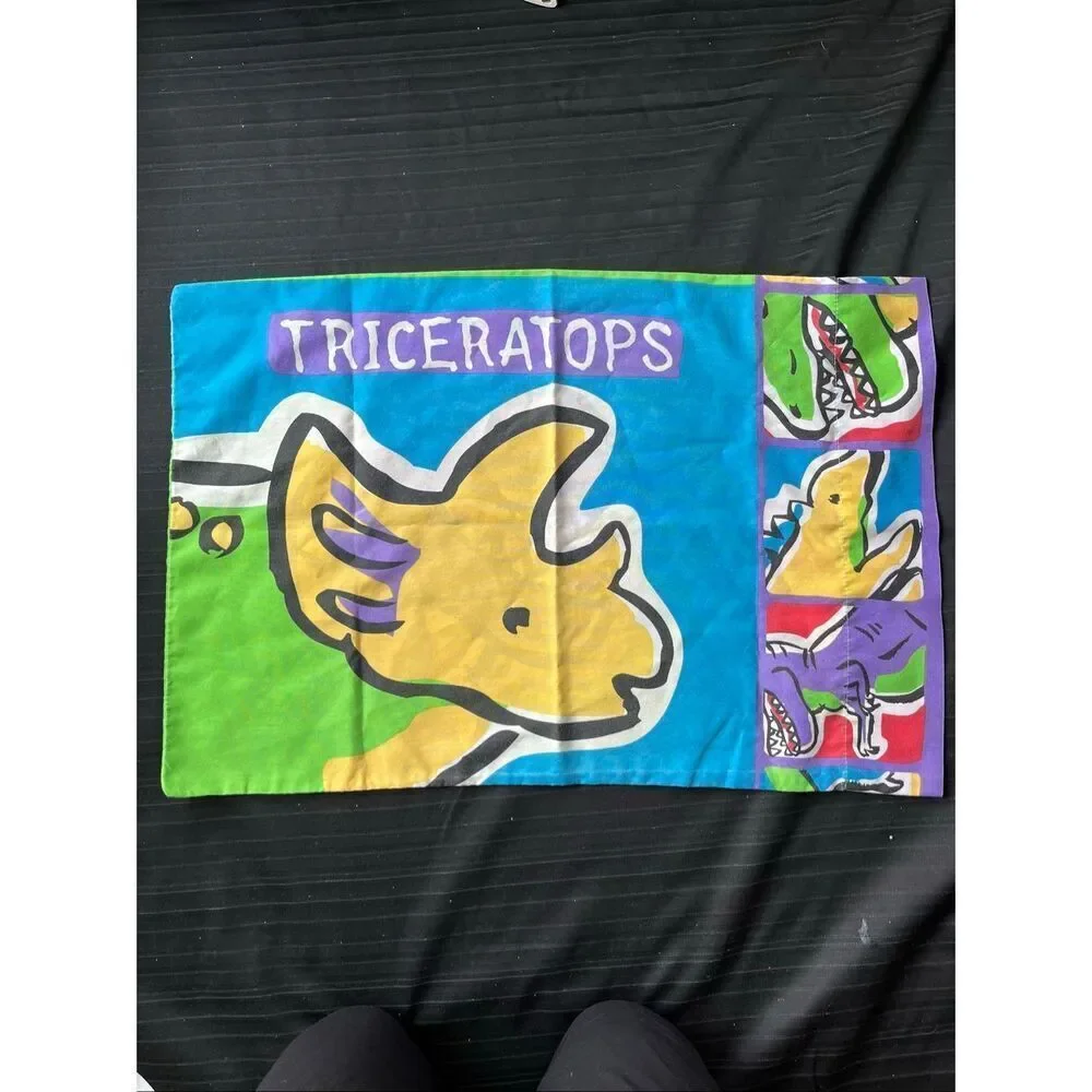 VTG Dinosaur Pillowcase Triceratops T Rex Kids Bedding Colorful Retro